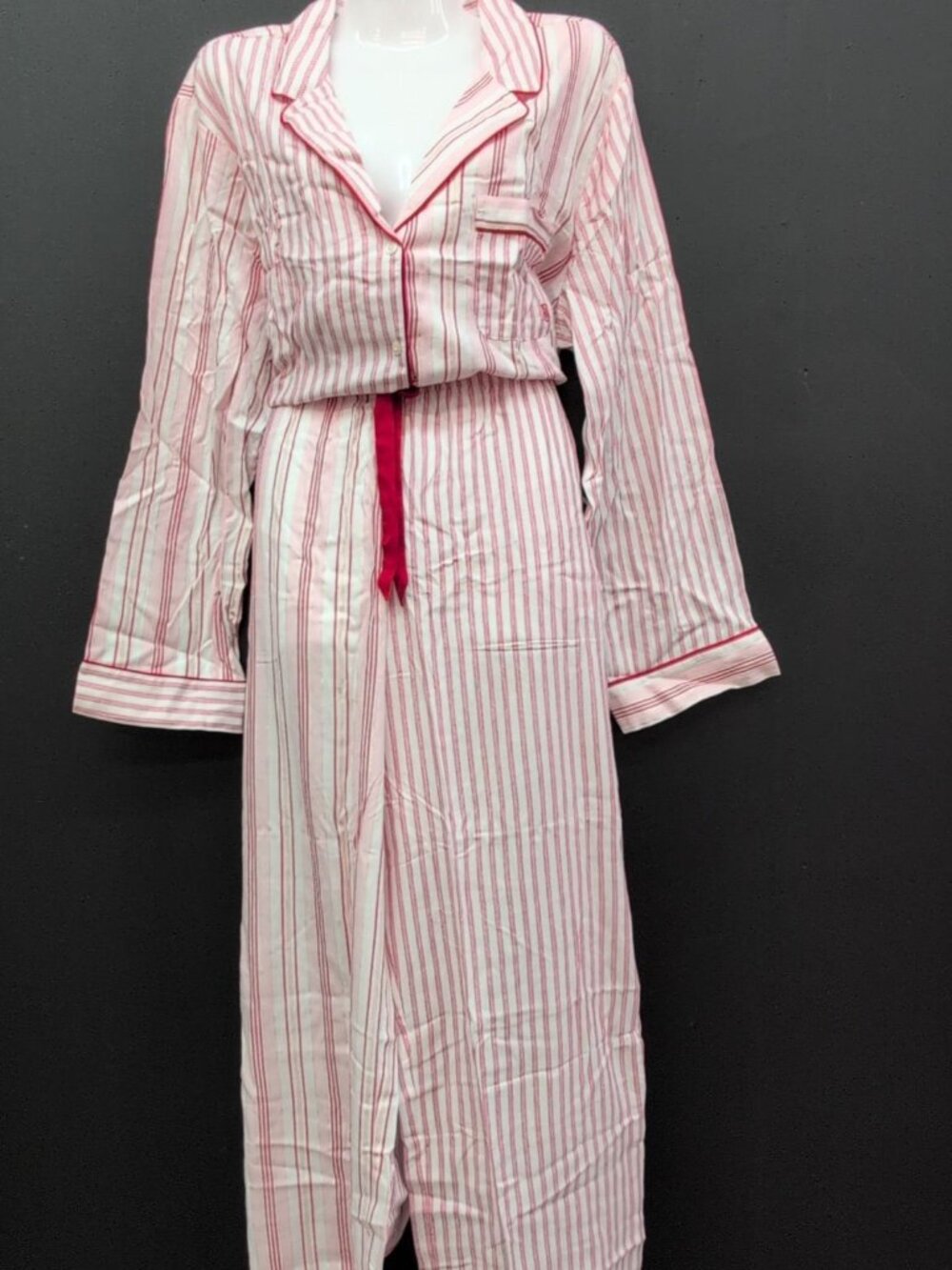 Victoria Secret Flannel Long Pajama Set 2 Piece Large Lipstick Red White Stripe